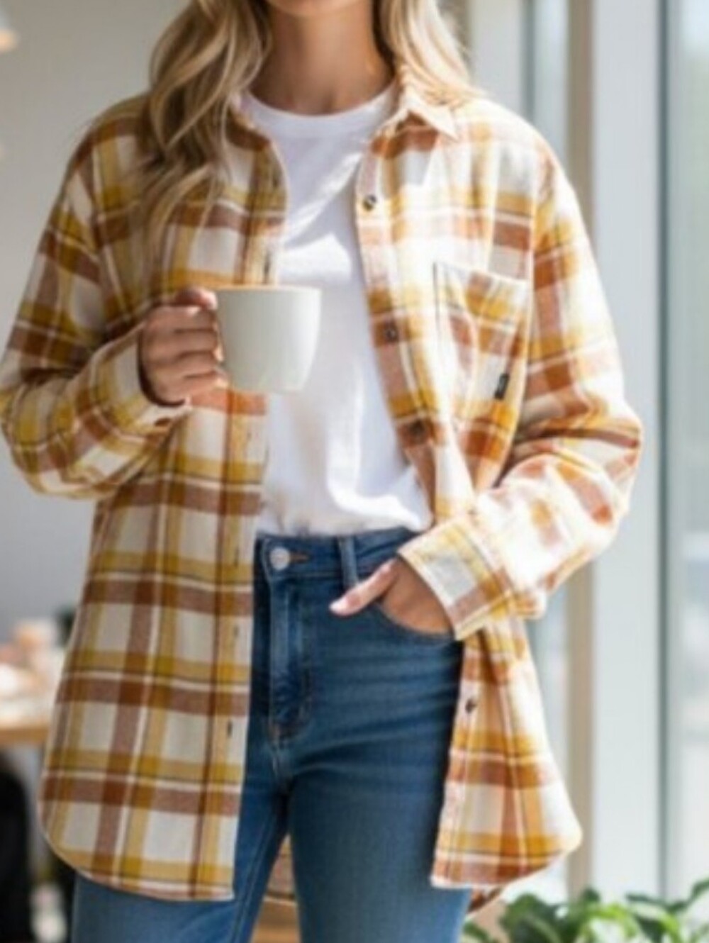PrAna Women's Golden Canyon Flannel Shirt In Sweat Cream Mustard Yellow Plaid Lg